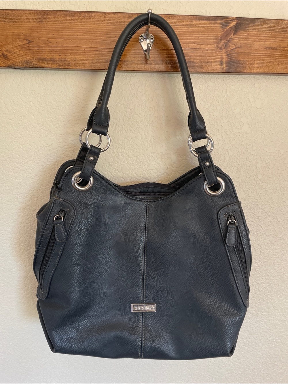 Reflections Black Vegan Leather Shoulder Bag with Silver Hardware Purse Handbag